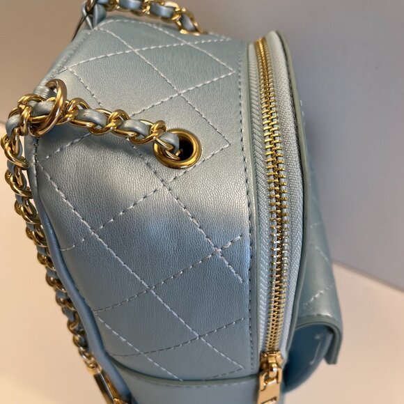 Quilted Puffer Backpack in Shiny Sky / Baby Blue W/ Gold Rope Straps - NWT - Picture 5 of 8